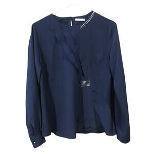 Women's Blue Blouse sz 4 Navy Blue Studded Embellished blouse Sz 4 Pleated